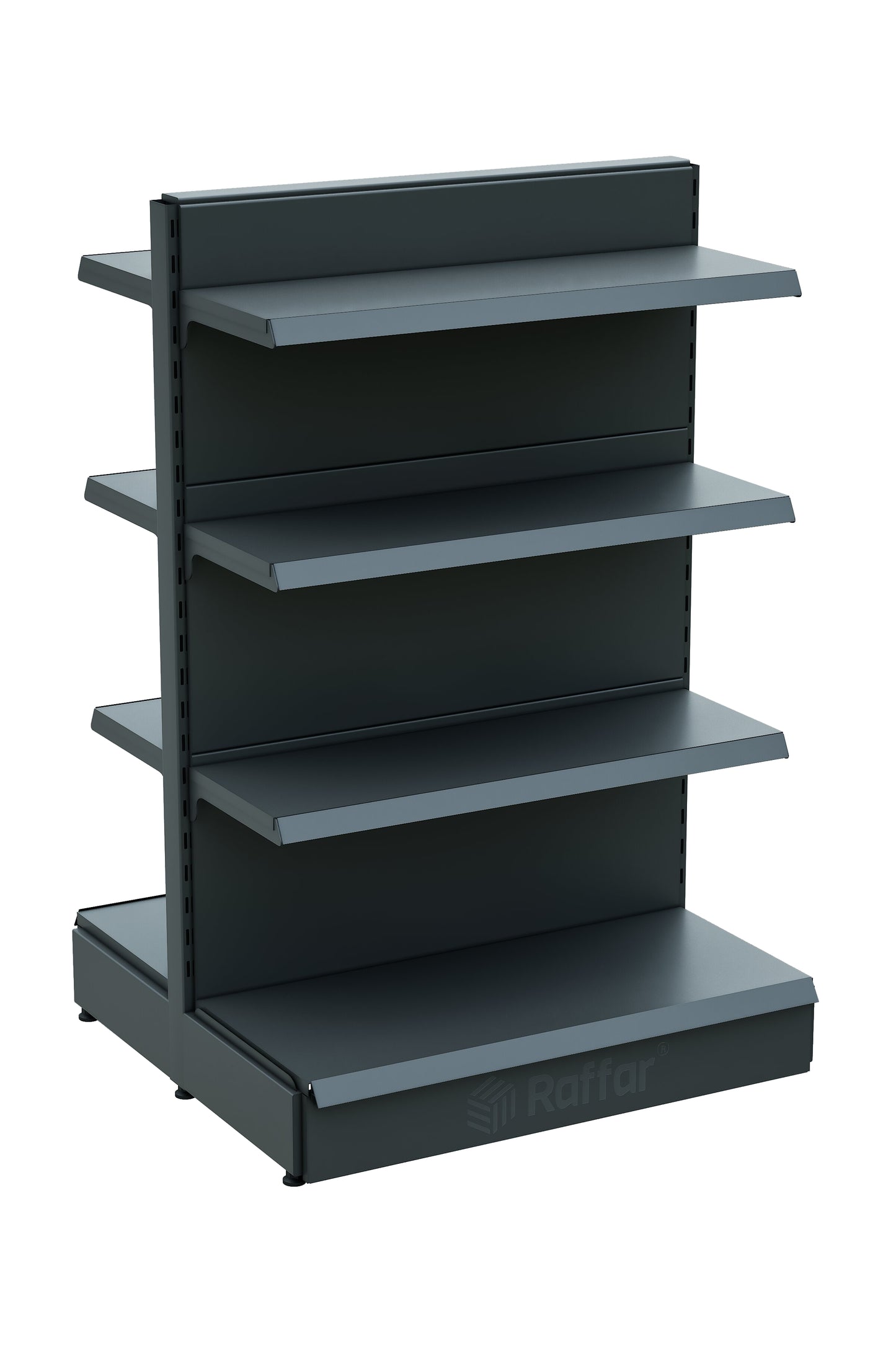 Raft Central cu Bază, Două Fețe, pentru Supermarket – 4 Niveluri Antracit, Unitate Individuală – L90 × Î140 × A30/40 cm