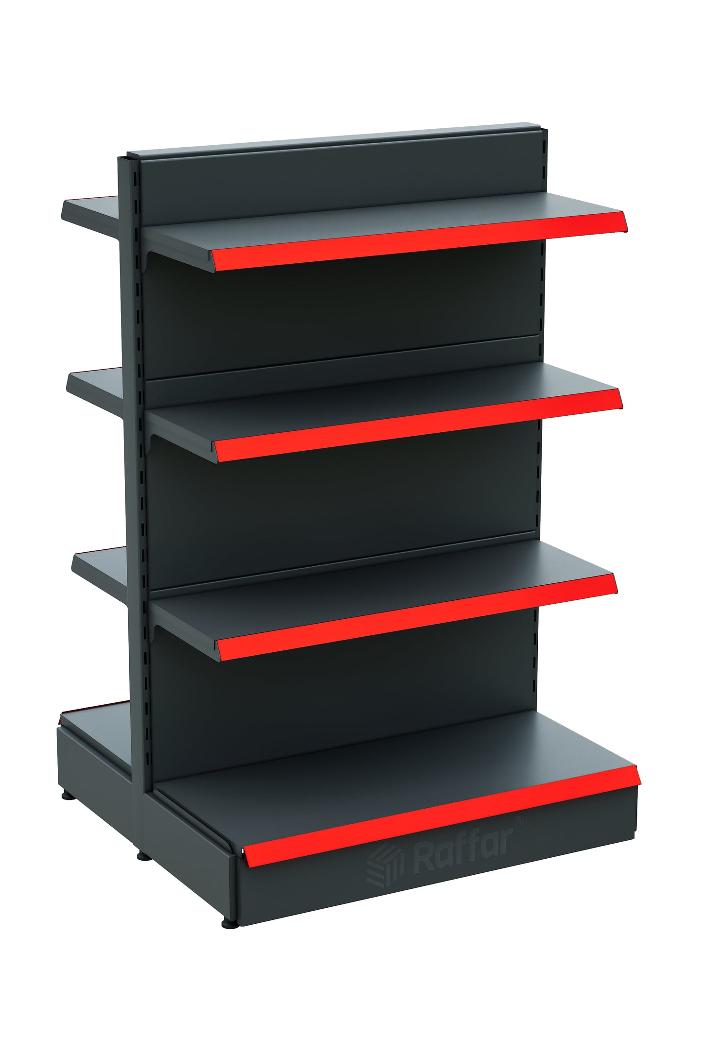 Raft Central cu Bază, Două Fețe, pentru Supermarket – 4 Niveluri Antracit, Unitate Individuală – L90 × Î140 × A30/40 cm