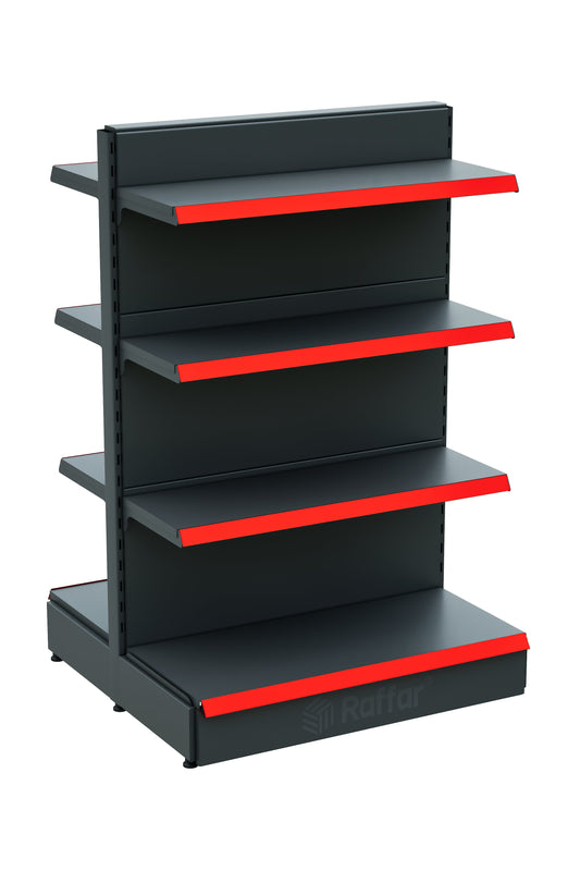 Raft Central cu Bază, Două Fețe, pentru Supermarket – 4 Niveluri Antracit, Unitate Individuală – L90 × Î140 × A30/40 cm