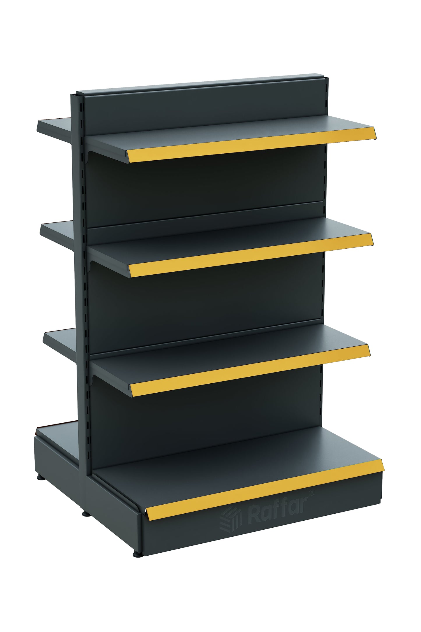 Raft Central cu Bază, Două Fețe, pentru Supermarket – 4 Niveluri Antracit, Unitate Individuală – L90 × Î140 × A30/40 cm