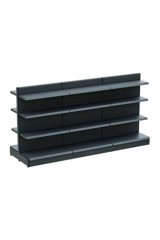 Raft central de magazin cu două fețe și bază – 4 Nivele Antracit, 3 Unități – L270 × Î140 × A30/40 cm