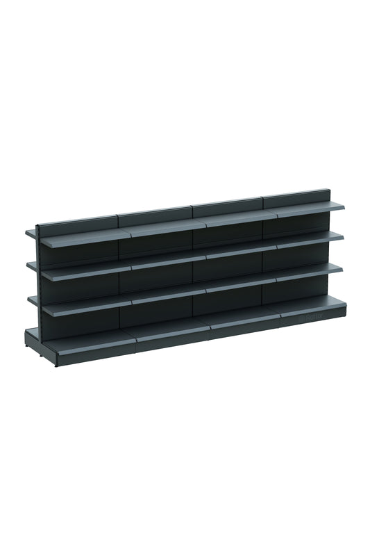 Raft de mijloc cu bază dublă față-spate pentru supermarket – 4 rafturi antracit, 4 unități – L360 × Î140 × A30/40 cm