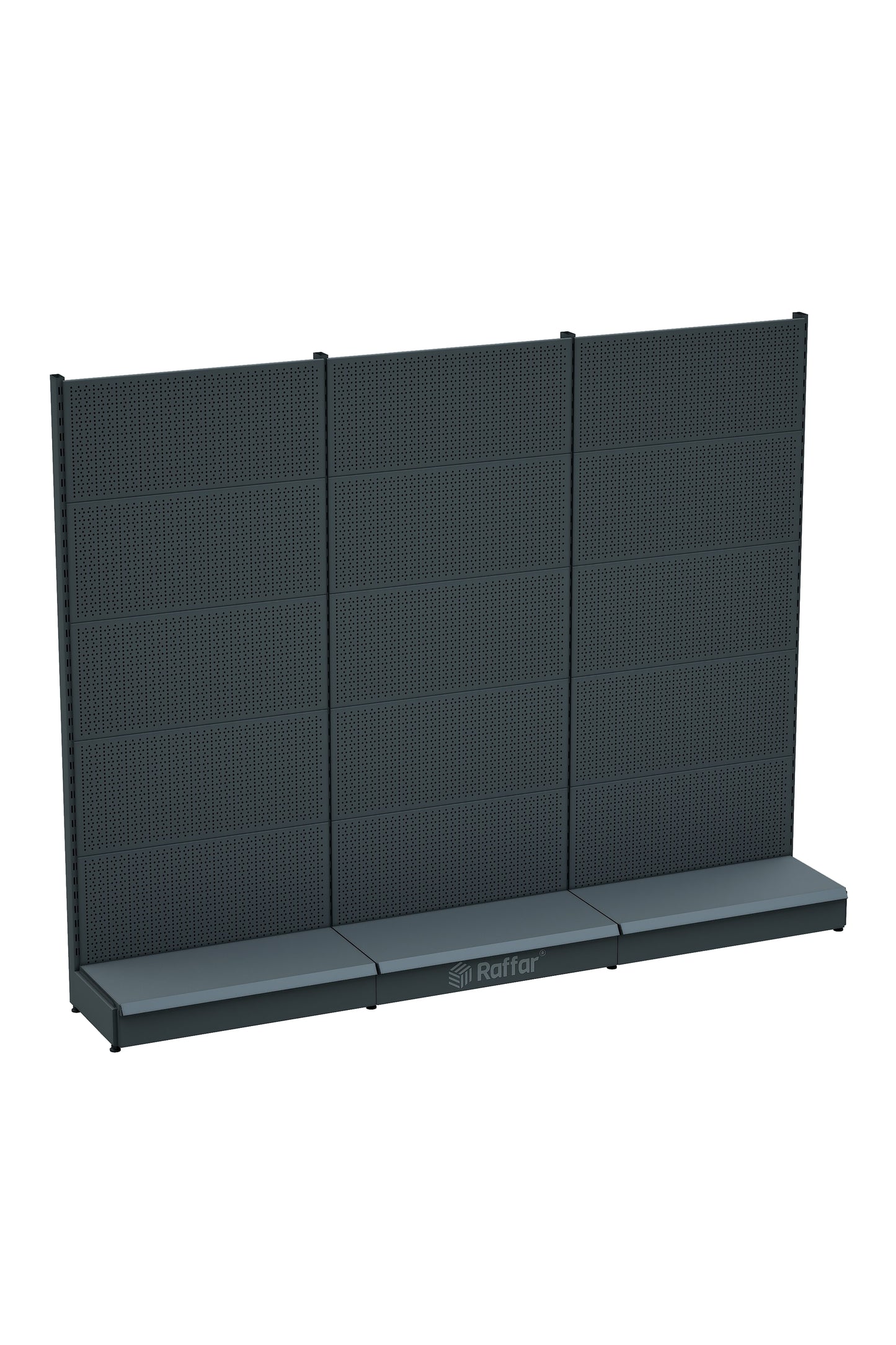 Etajeră cu scule perforată, cu bază – Antracit, 3 unități – L270 × Î220 × A30/40 cm