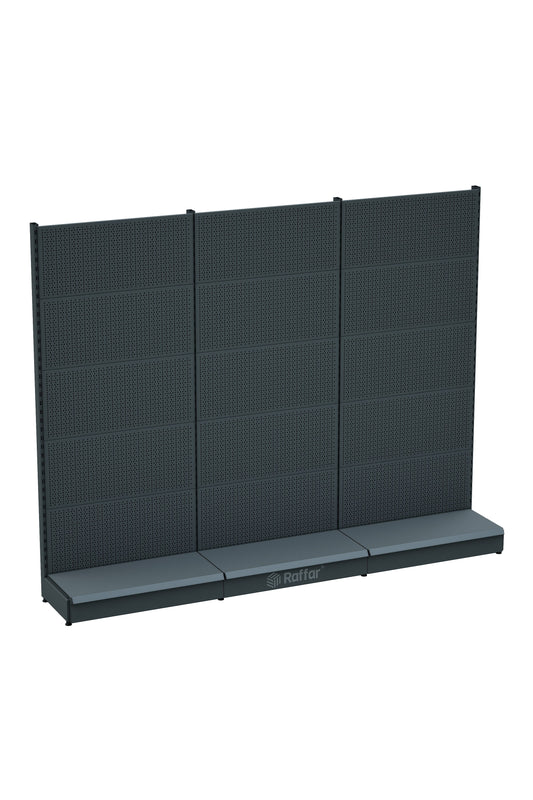 Etajeră cu scule perforată, cu bază – Antracit, 3 unități – L270 × Î220 × A30/40 cm