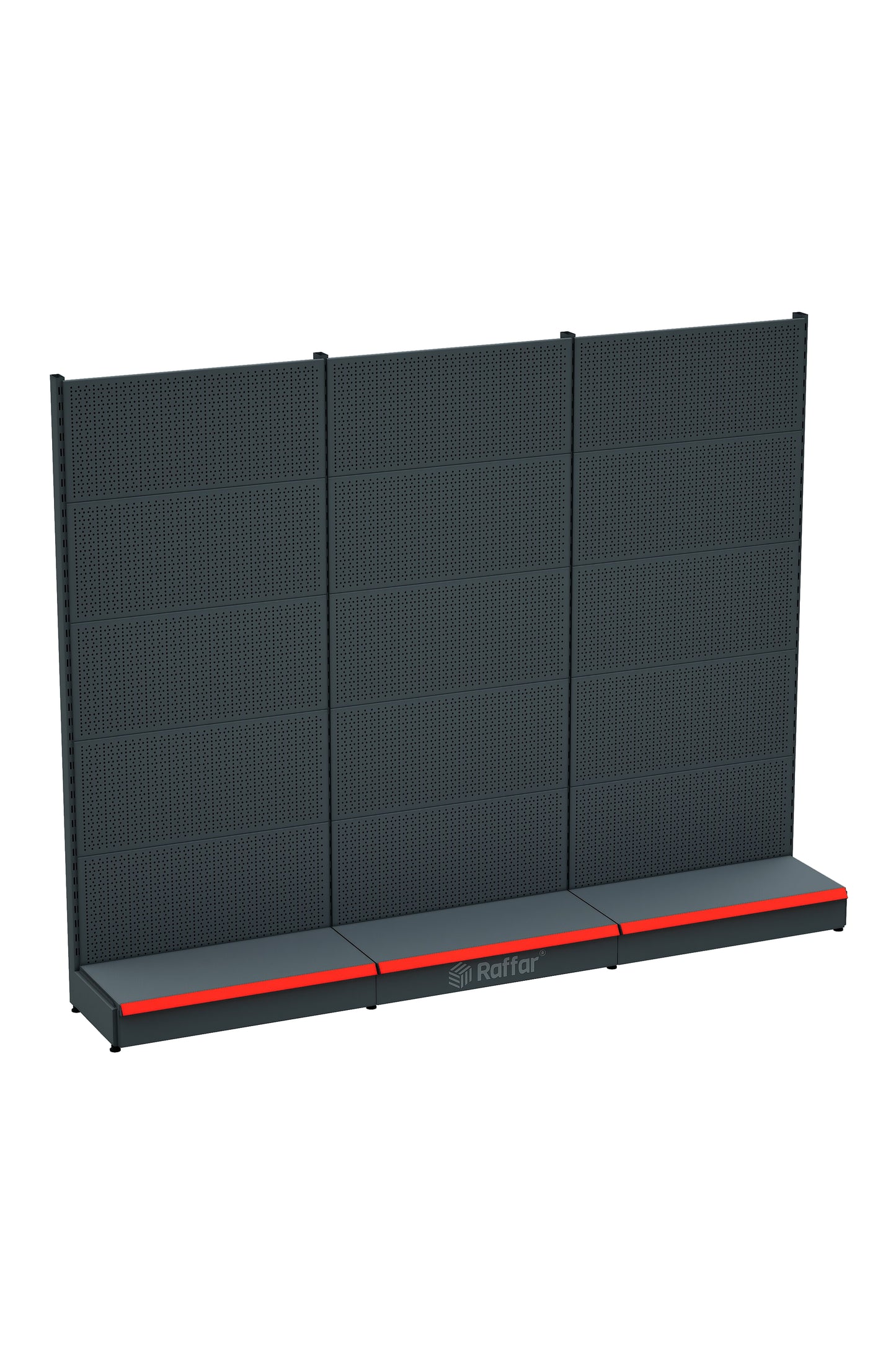 Etajeră cu scule perforată, cu bază – Antracit, 3 unități – L270 × Î220 × A30/40 cm