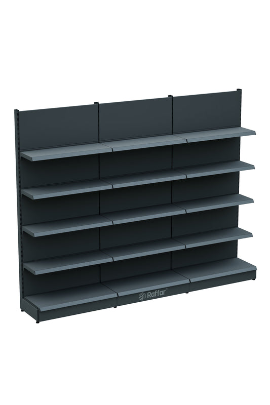 Raft de perete de supermarket cu bază – 5 niveluri Antracit, 3 unități – L270 × Î220 × A30/40 cm