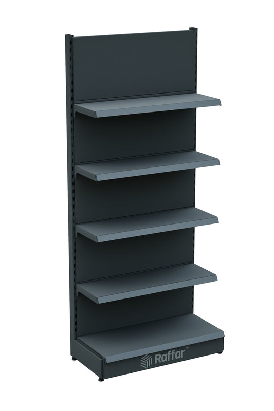 Raft de perete de supermarket cu bază – 5 niveluri Antracit, Unitate Individuală – L90 × Î220 × A30/40 cm