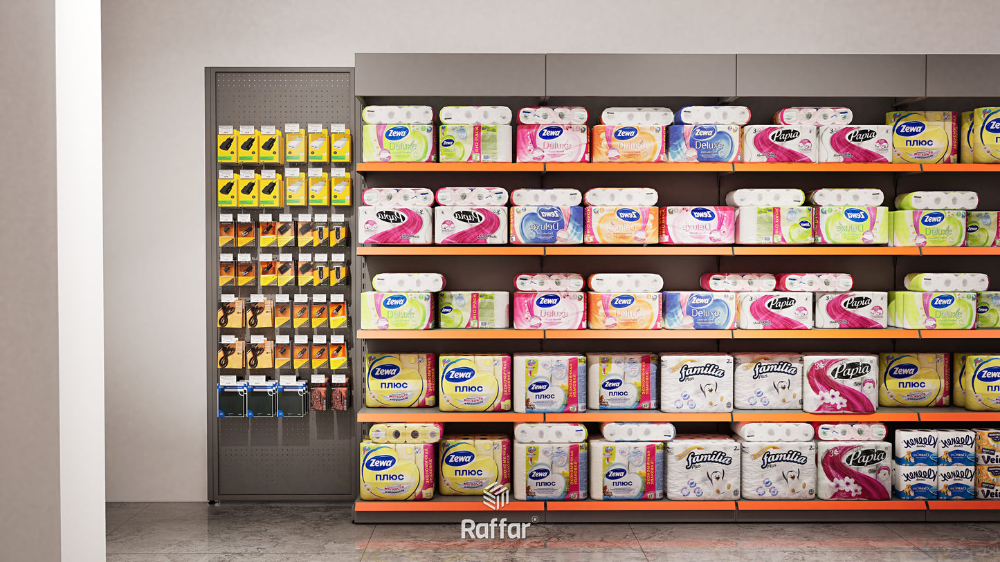 Raft Central cu Bază, Două Fețe, pentru Supermarket – 4 Niveluri Antracit, Unitate Individuală – L90 × Î140 × A30/40 cm
