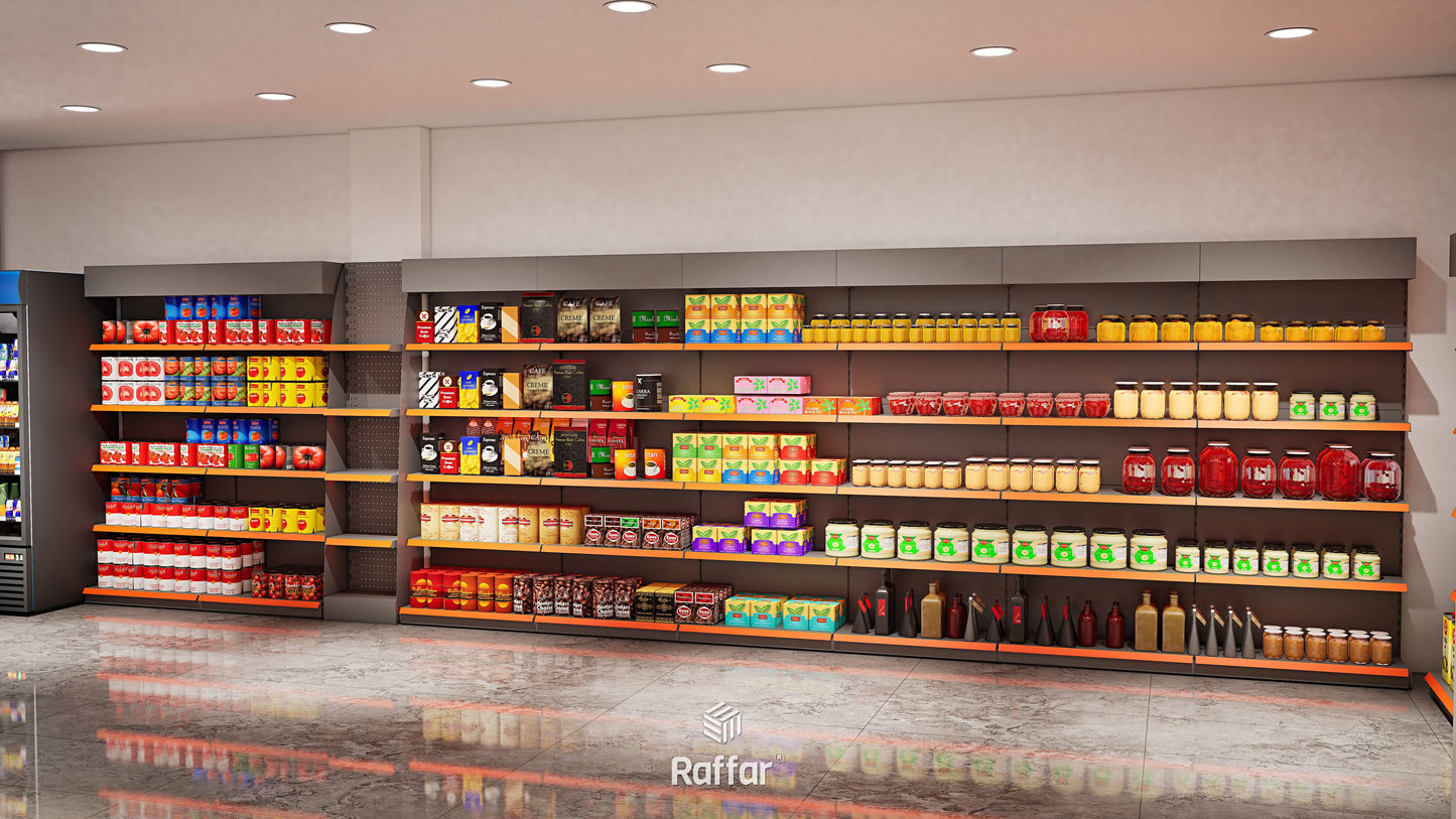 Raft Central cu Bază, Două Fețe, pentru Supermarket – 4 Niveluri Antracit, Unitate Individuală – L90 × Î140 × A30/40 cm