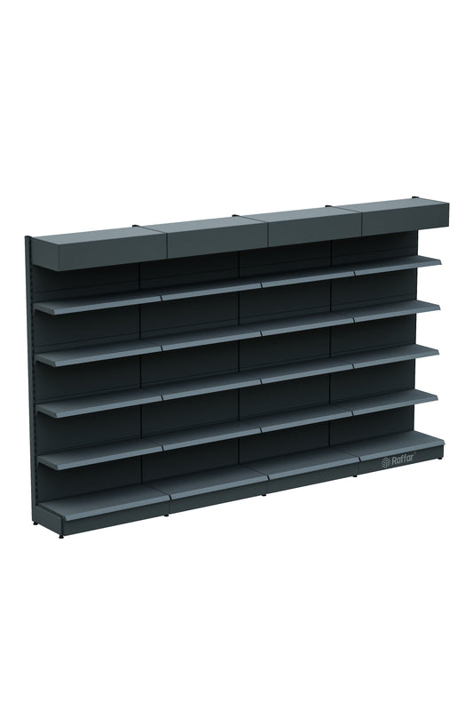 Raft de perete supermarket cu cornișă și bază – 5 Nivele Antracit, 4 Unități – L360 × Î220 × A30/40 cm