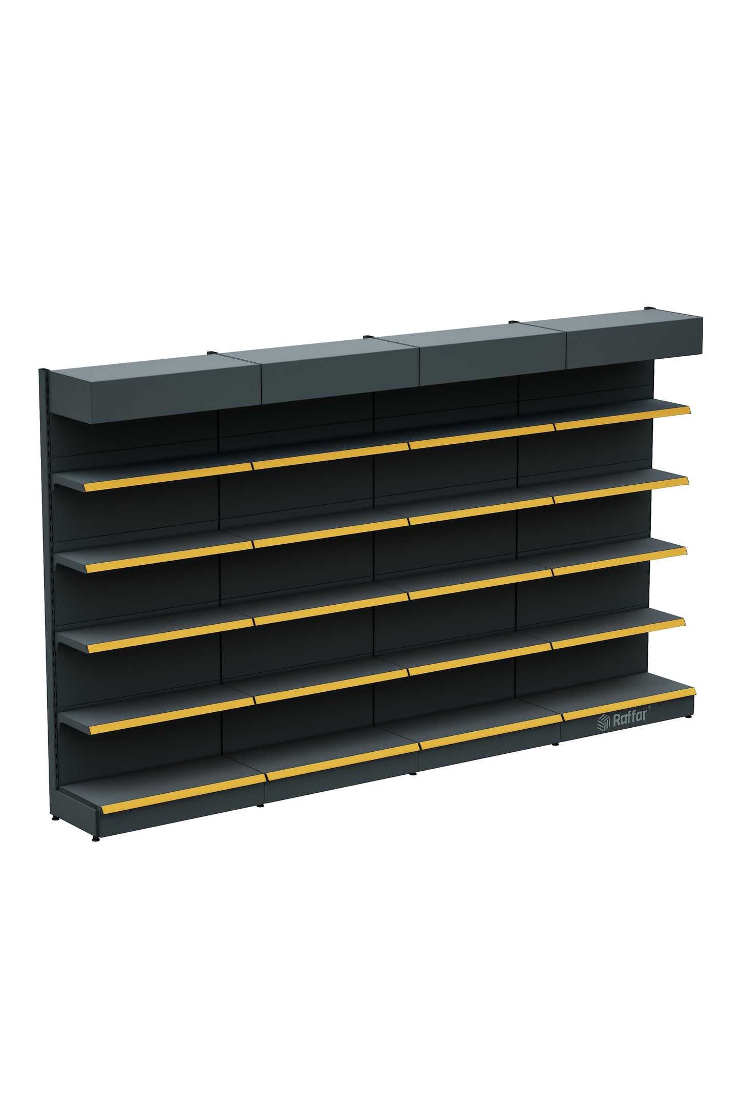 Raft de perete supermarket cu cornișă și bază – 5 Nivele Antracit, 4 Unități – L360 × Î220 × A30/40 cm