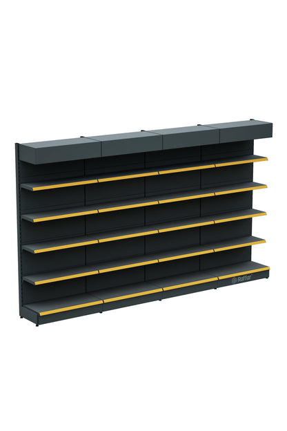 Raft de perete supermarket cu cornișă și bază – 5 Nivele Antracit, 4 Unități – L360 × Î220 × A30/40 cm