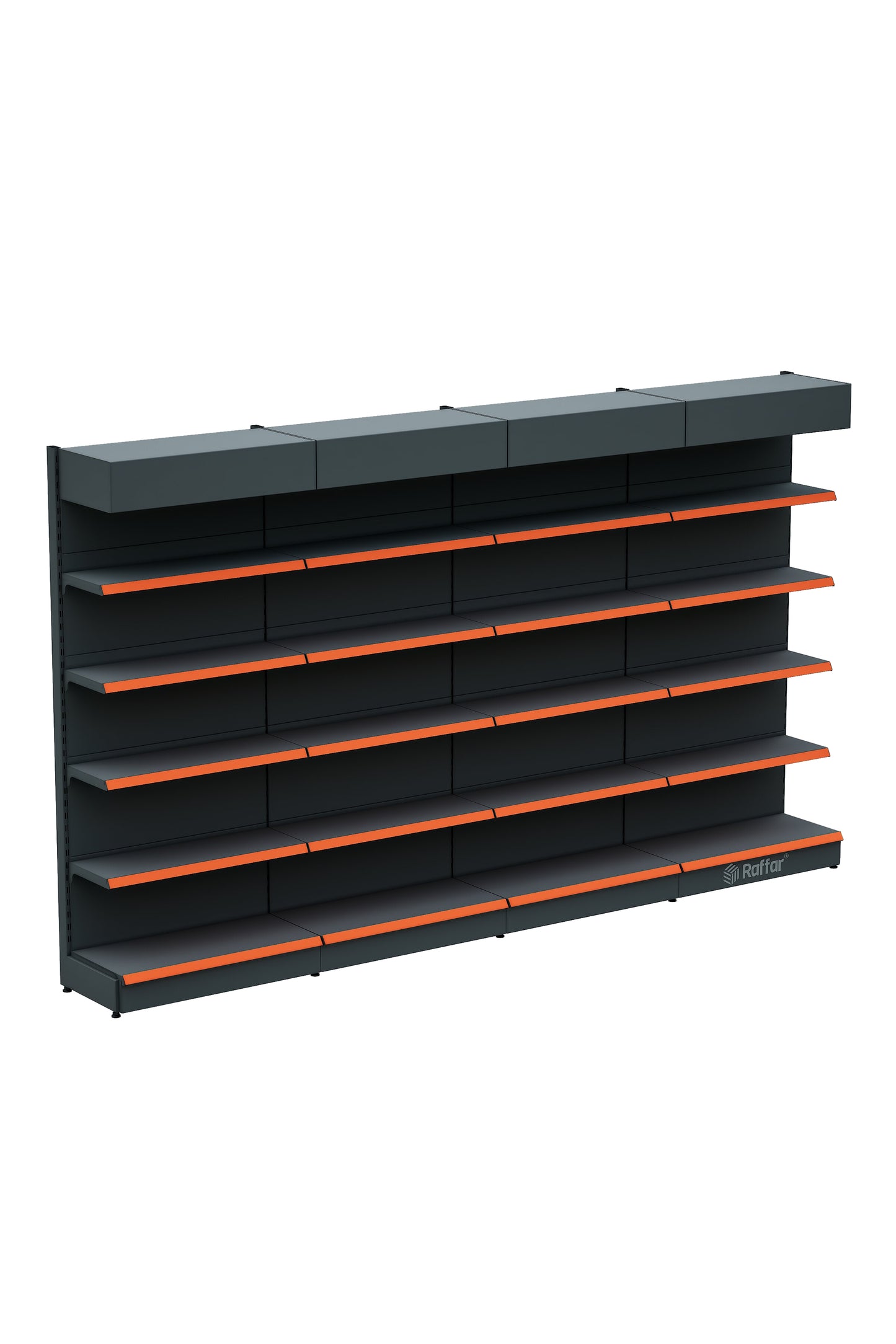 Raft de perete supermarket cu cornișă și bază – 5 Nivele Antracit, 4 Unități – L360 × Î220 × A30/40 cm