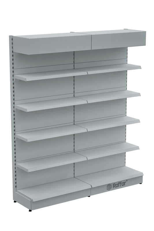 Raft de perete supermarket cu cornișă și bază – 5 nivele alb, 2 unități – L180 × Î220 × A30/40 cm