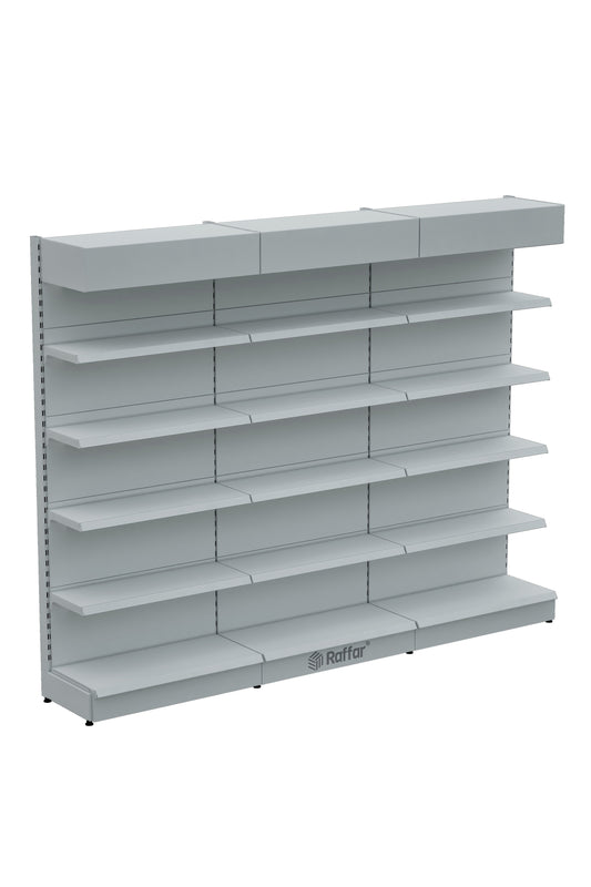 Raft de perete supermarket cu copertină și bază – 5 Nivele, Alb, 3 Unități – L270 × Î220 × A30/40 cm