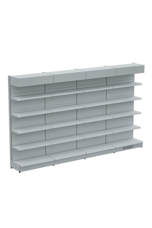 Raft de perete supermarket cu cornișă și bază – 5 Nivele Alb, 4 Unități – L360 × Î220 × A30/40 cm