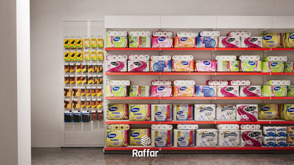 Raft Central Dublu Supermarket cu Bază – 4 Nivele Alb, 5 Unități – L450 × Î140 × A30/40 cm