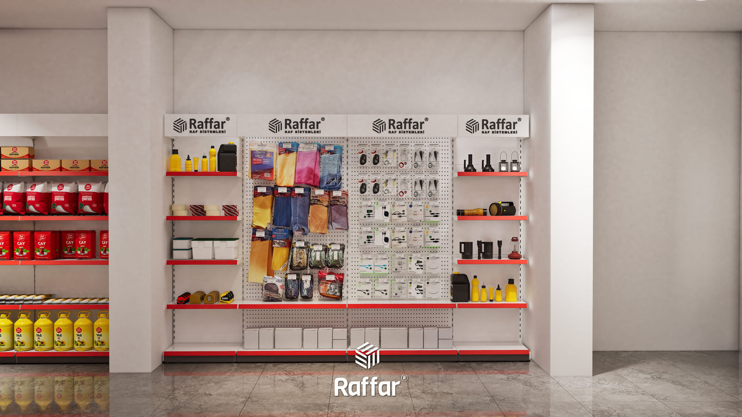 Raft Central Dublu Supermarket cu Bază – 4 Nivele Alb, 5 Unități – L450 × Î140 × A30/40 cm