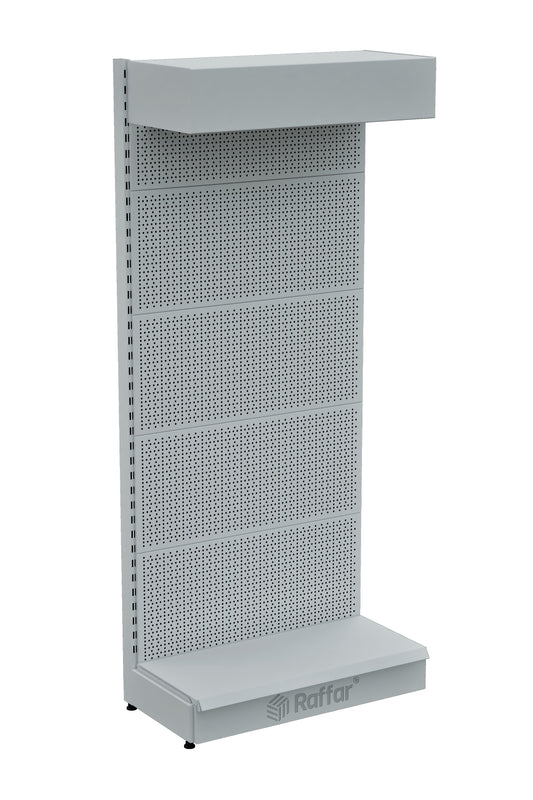 Raft pentru articole de feronerie perforat, cu fronton și bază – Alb, Unitate Individuală – L90 × Î220 × A30/40 cm