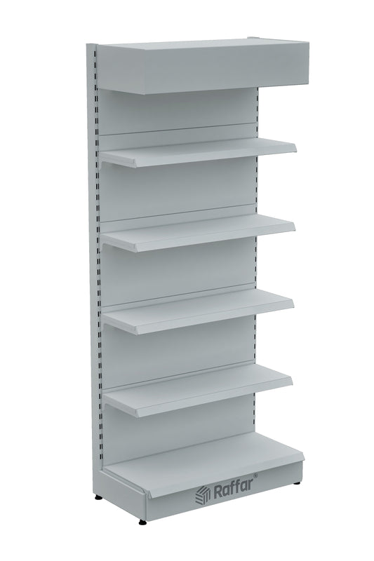 Raft de Perete pentru Supermarket cu Capăt și Bază – 5 Nivele Alb, Unitate Simplă – L90 × Î220 × A30/40 cm