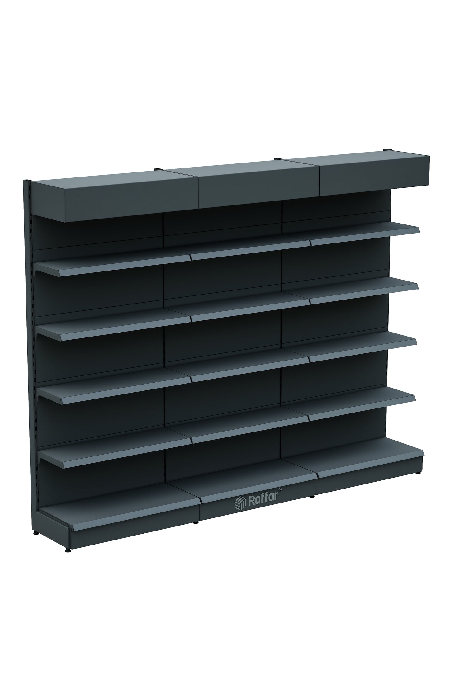 Raft de perete de supermarket cu coronament și bază – 5 Nivele Antracit, 3 Unități – L270 × Î220 × A30/40 cm
