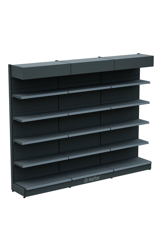 Raft de perete de supermarket cu coronament și bază – 5 Nivele Antracit, 3 Unități – L270 × Î220 × A30/40 cm