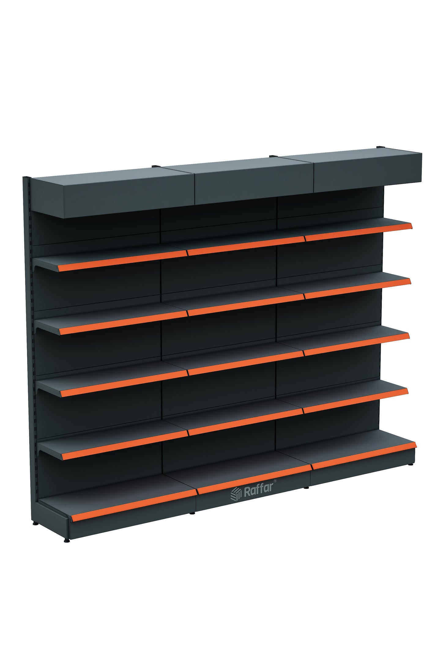 Raft de perete de supermarket cu coronament și bază – 5 Nivele Antracit, 3 Unități – L270 × Î220 × A30/40 cm