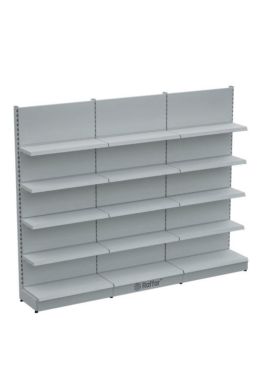 Raft de perete modular pentru supermarket – 5 nivele, alb, 3 unități – L270 × H220 × A30/40 cm