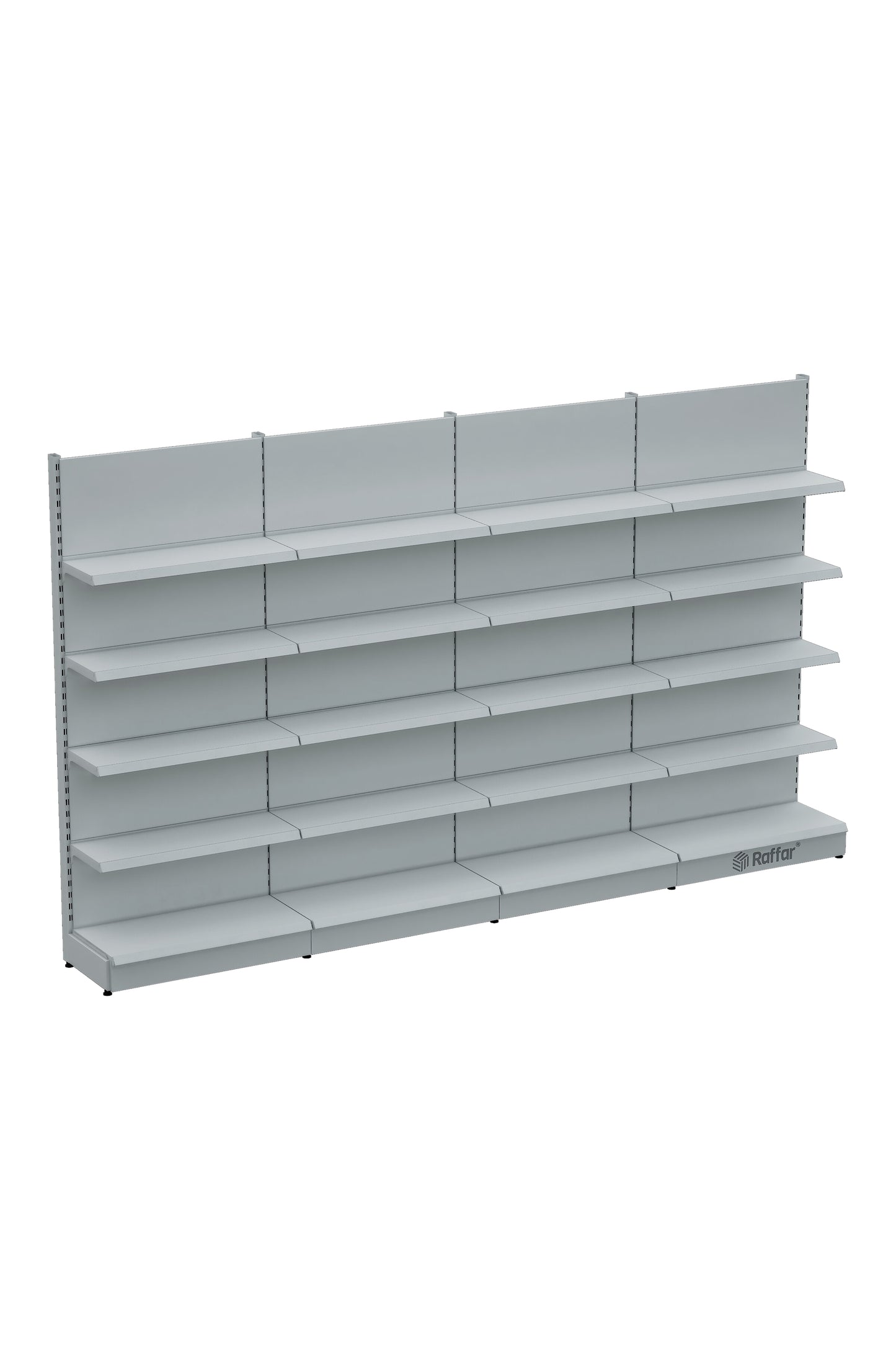 Raft de perete modular pentru piață cu bază – 5 niveluri alb, 4 unități – L360 × Î220 × A30/40 cm
