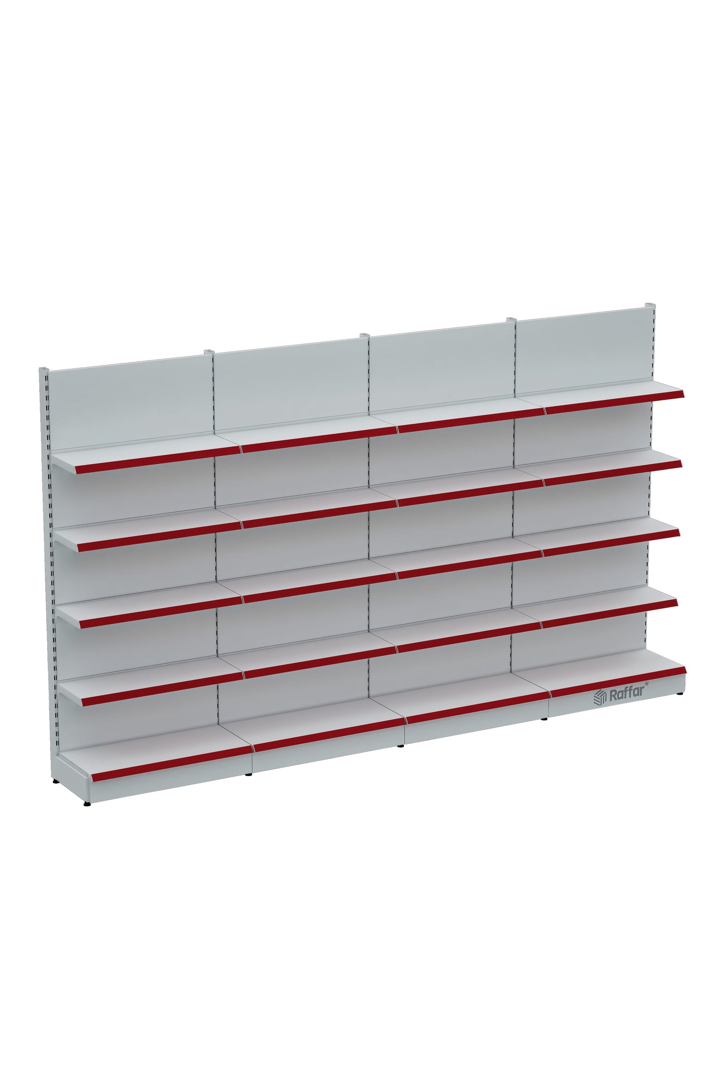 Raft de perete modular pentru piață cu bază – 5 niveluri alb, 4 unități – L360 × Î220 × A30/40 cm