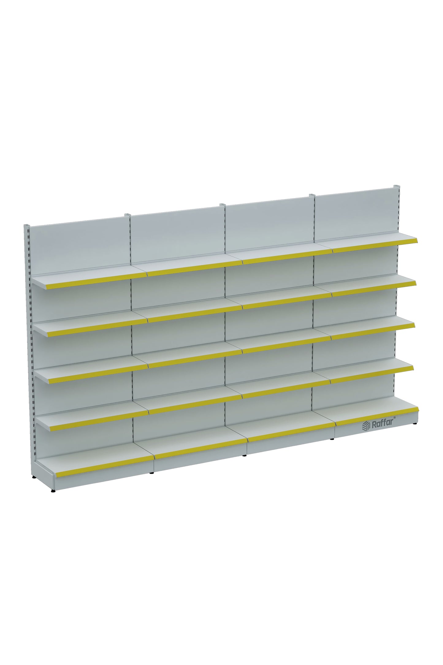 Raft de perete modular pentru piață cu bază – 5 niveluri alb, 4 unități – L360 × Î220 × A30/40 cm