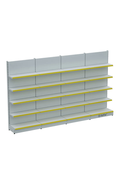 Raft de perete modular pentru piață cu bază – 5 niveluri alb, 4 unități – L360 × Î220 × A30/40 cm