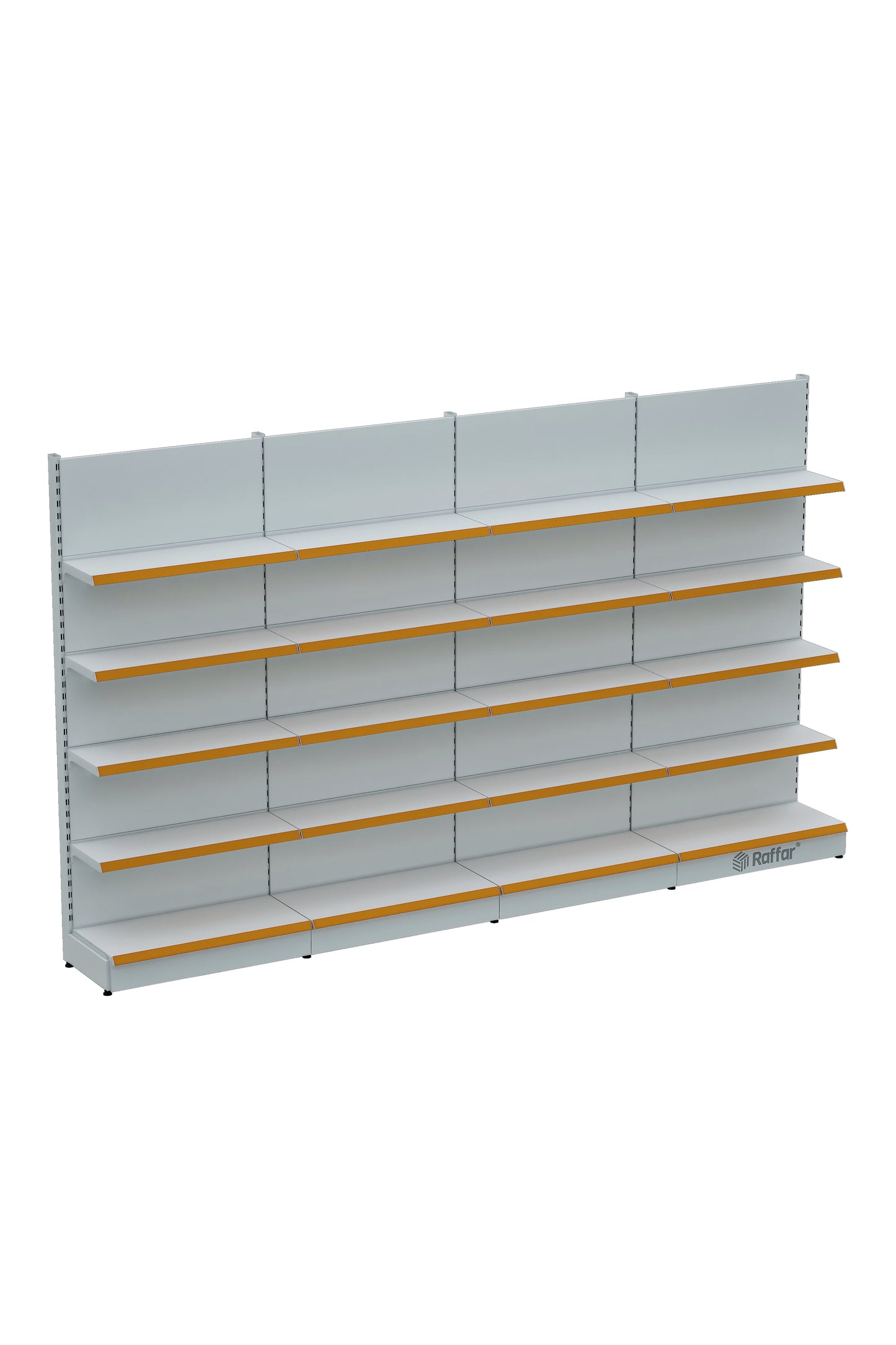 Raft de perete modular pentru piață cu bază – 5 niveluri alb, 4 unități – L360 × Î220 × A30/40 cm