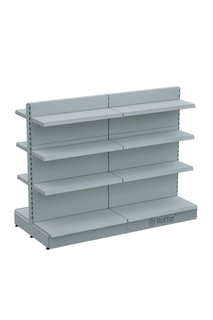 Raftul de piață cu dublă față, cu bază, 4 nivele, alb, 2 unități – L180 × Î140 × A30/40 cm