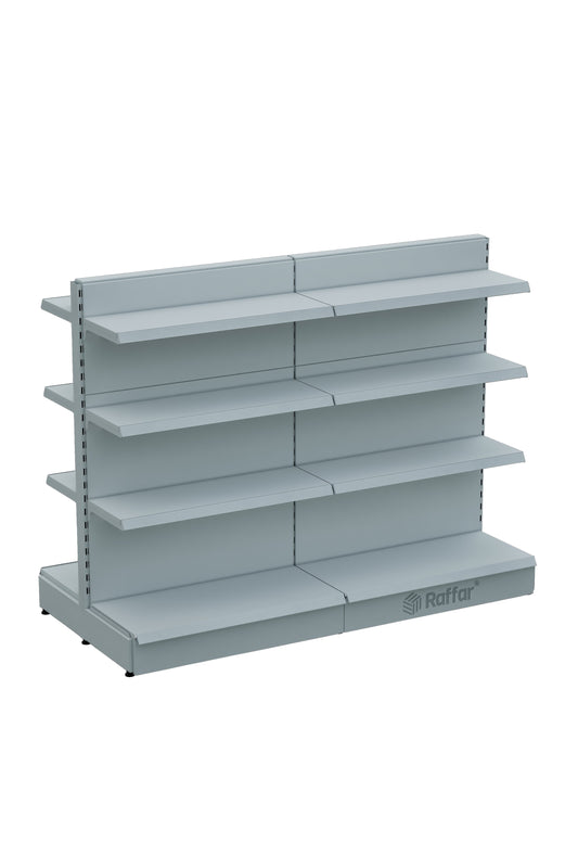Raftul de piață cu dublă față, cu bază, 4 nivele, alb, 2 unități – L180 × Î140 × A30/40 cm
