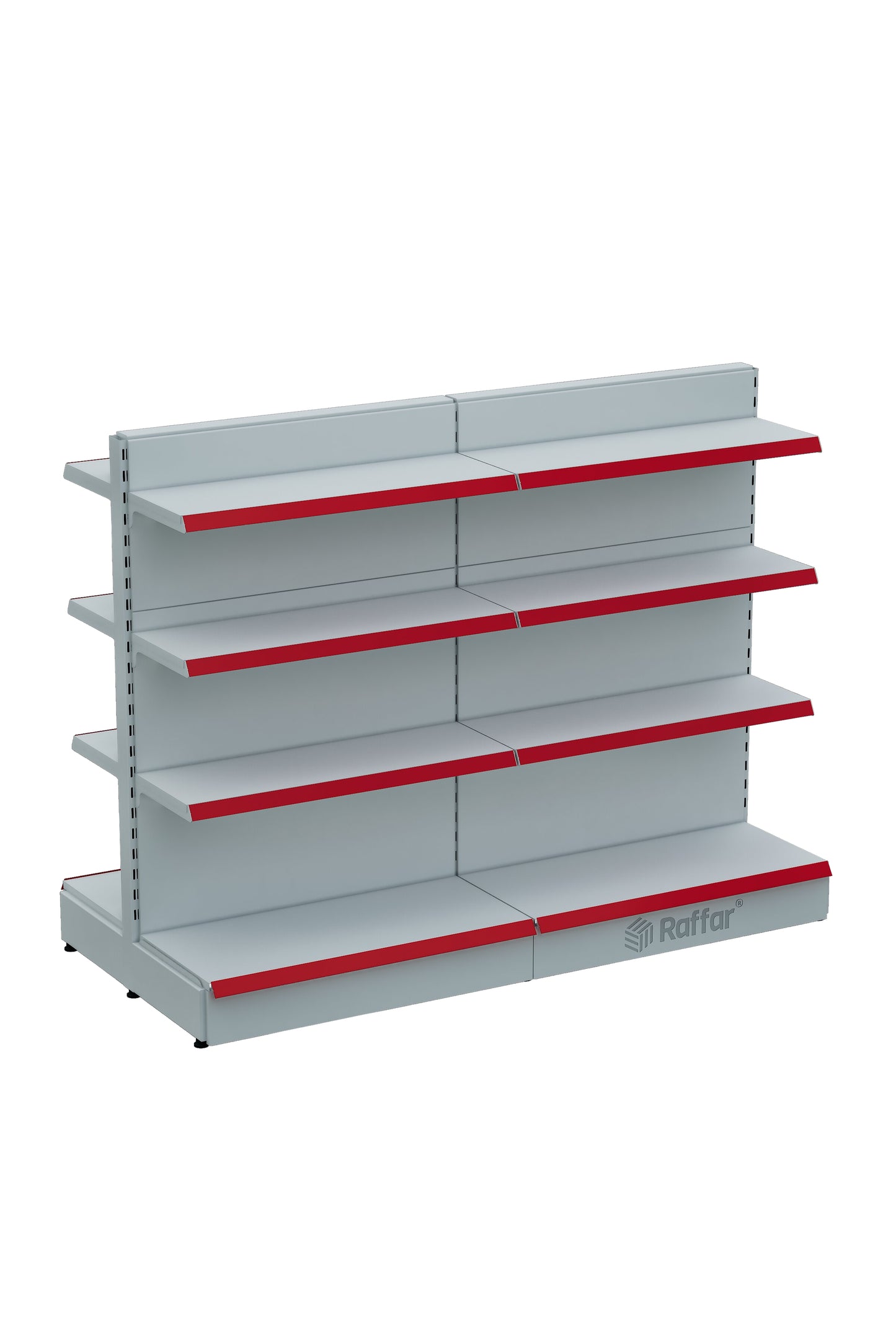 Raftul de piață cu dublă față, cu bază, 4 nivele, alb, 2 unități – L180 × Î140 × A30/40 cm