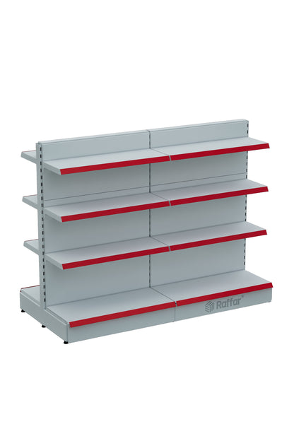 Raftul de piață cu dublă față, cu bază, 4 nivele, alb, 2 unități – L180 × Î140 × A30/40 cm