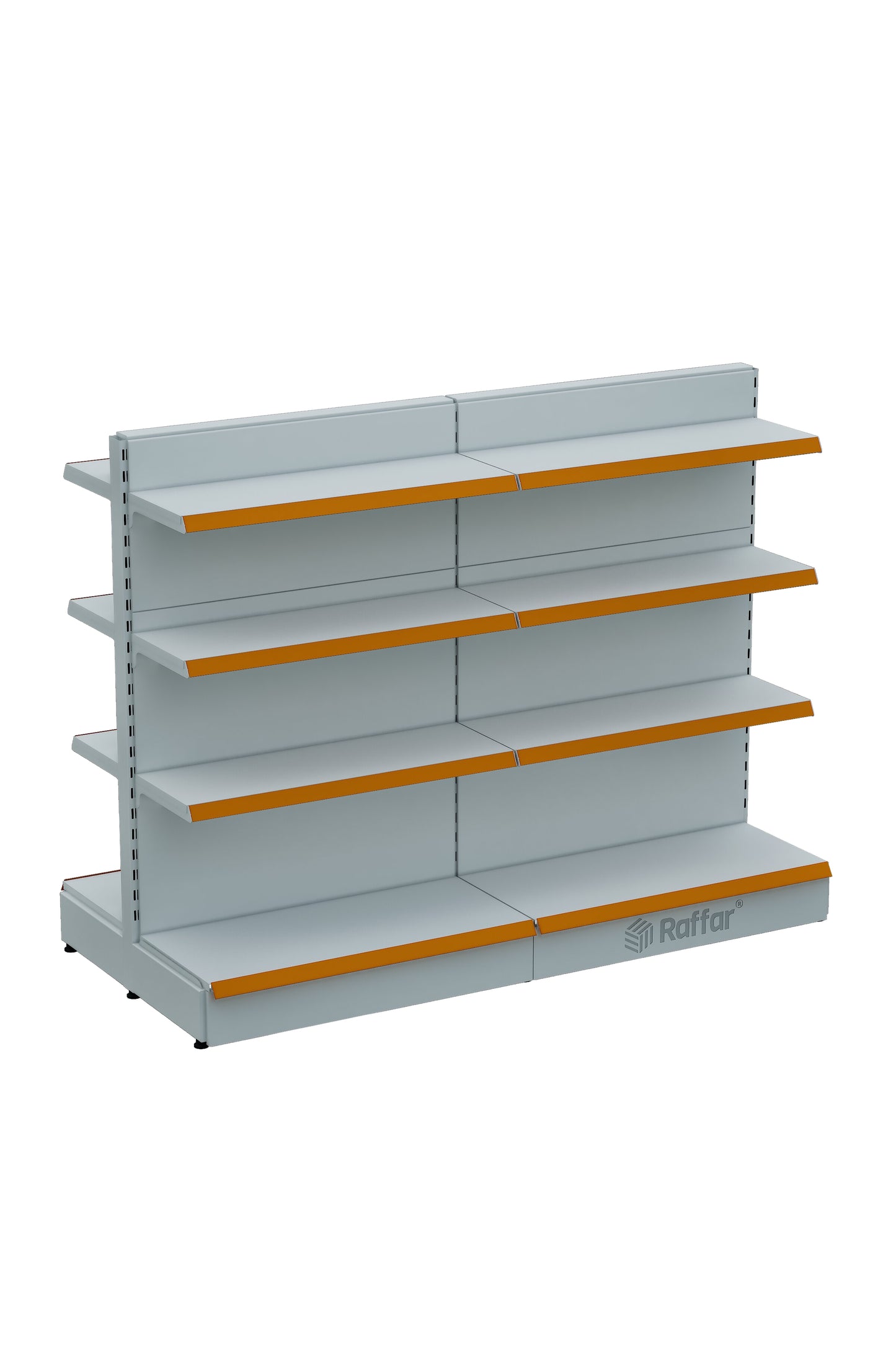 Raftul de piață cu dublă față, cu bază, 4 nivele, alb, 2 unități – L180 × Î140 × A30/40 cm