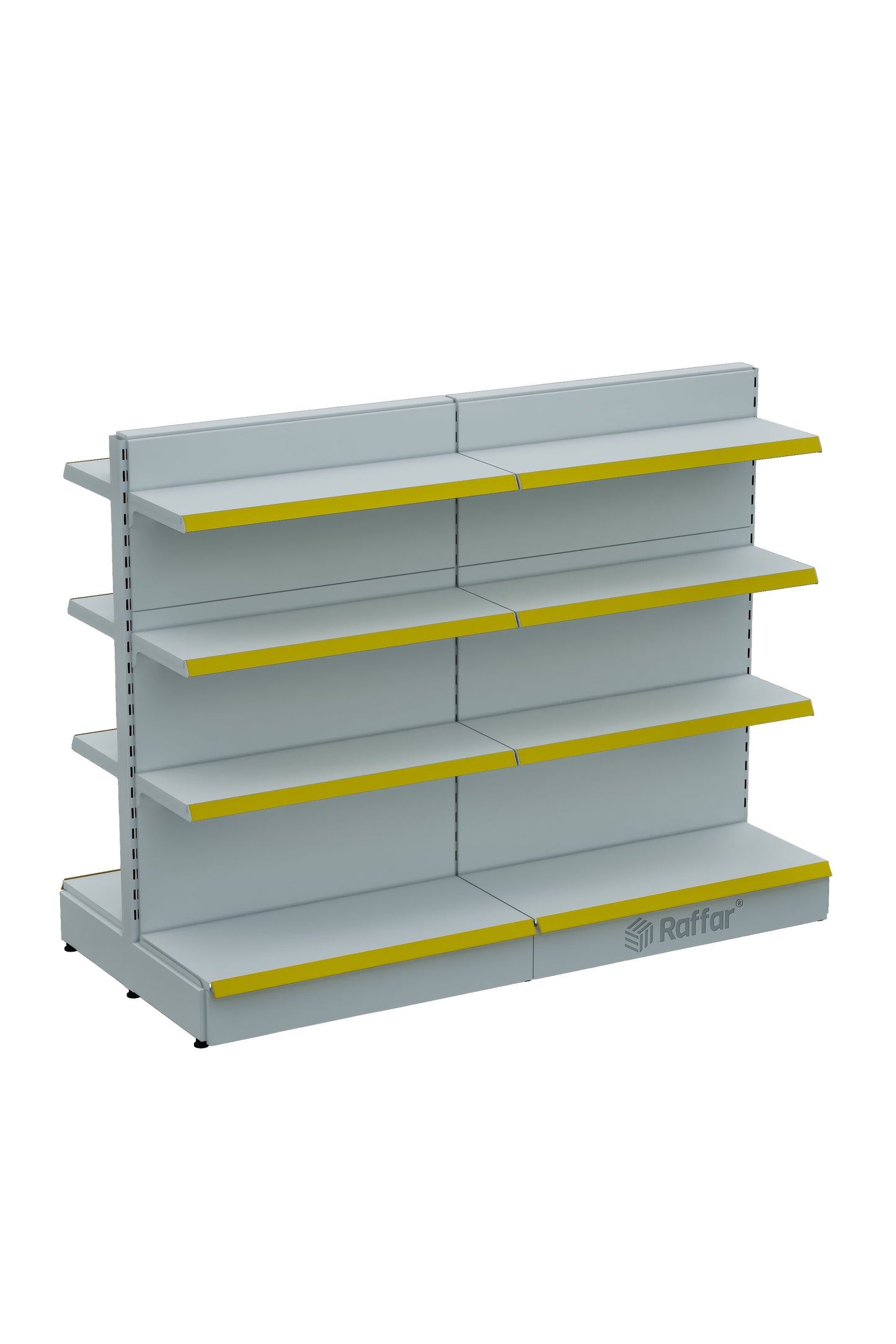 Raftul de piață cu dublă față, cu bază, 4 nivele, alb, 2 unități – L180 × Î140 × A30/40 cm