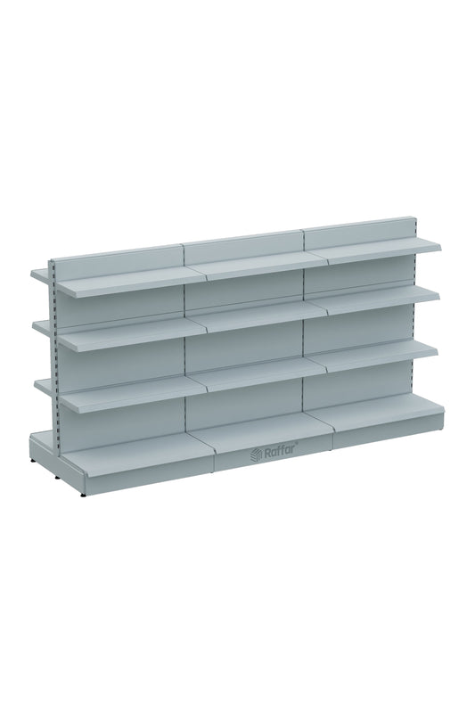 Rafturi de supermarket cu față dublă, cu piedestal, raft central, 4 niveluri, alb, 3 unități – L270 × Î140 × A30/40 cm