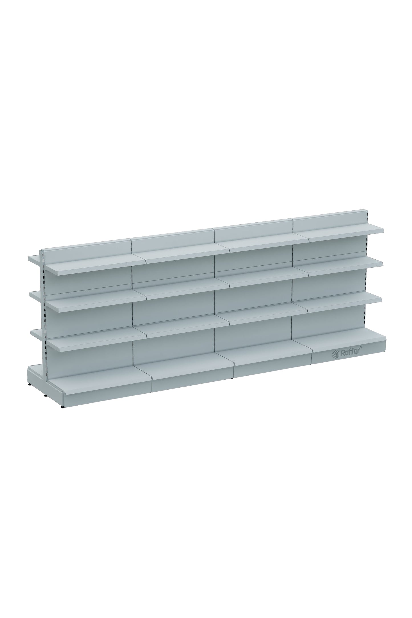 Raft de mijloc de magazin, cu bază, cu două fețe, cu 4 nivele, alb, 4 unități – L360 × Î140 × A30/40 cm