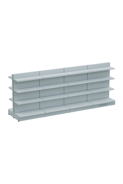 Raft de mijloc de magazin, cu bază, cu două fețe, cu 4 nivele, alb, 4 unități – L360 × Î140 × A30/40 cm