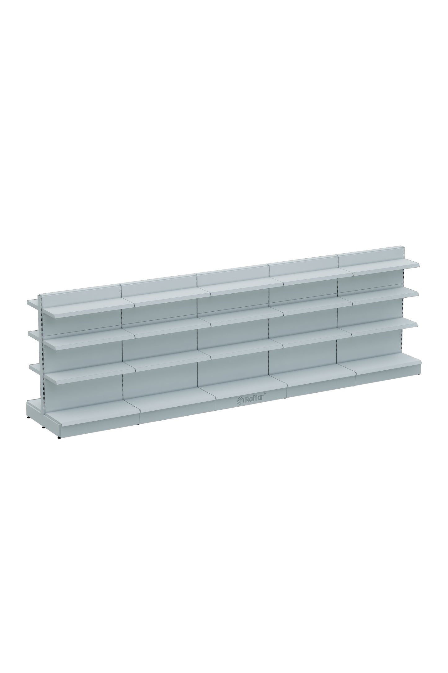 Raft Central Dublu Supermarket cu Bază – 4 Nivele Alb, 5 Unități – L450 × Î140 × A30/40 cm