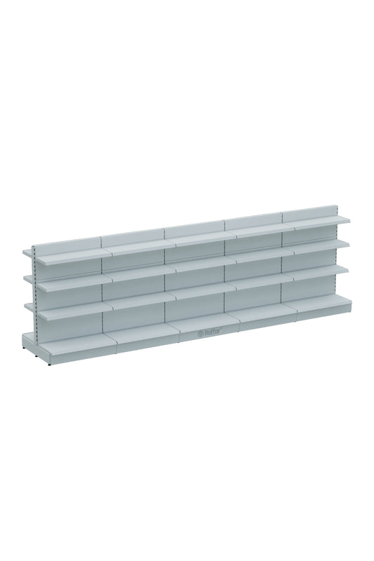Raft Central Dublu Supermarket cu Bază – 4 Nivele Alb, 5 Unități – L450 × Î140 × A30/40 cm