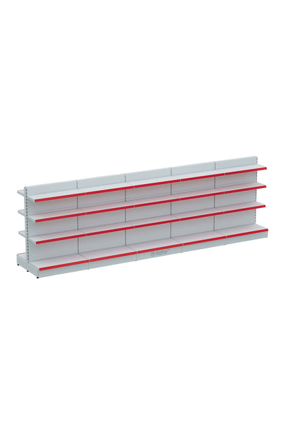 Raft Central Dublu Supermarket cu Bază – 4 Nivele Alb, 5 Unități – L450 × Î140 × A30/40 cm