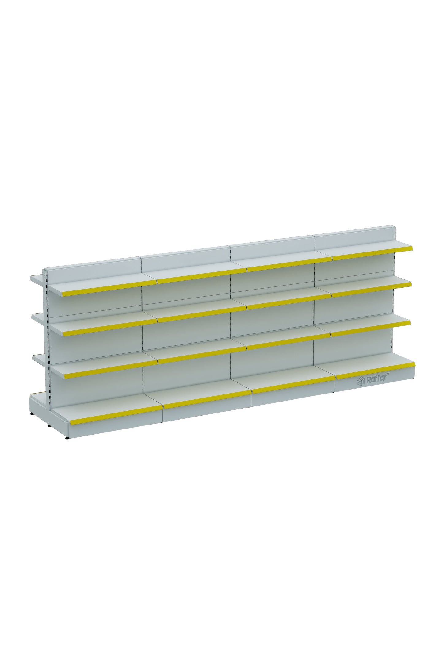 Raft Central Dublu Supermarket cu Bază – 4 Nivele Alb, 5 Unități – L450 × Î140 × A30/40 cm