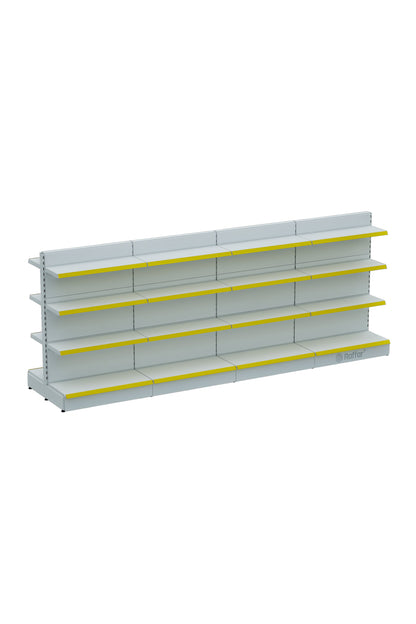 Raft Central Dublu Supermarket cu Bază – 4 Nivele Alb, 5 Unități – L450 × Î140 × A30/40 cm