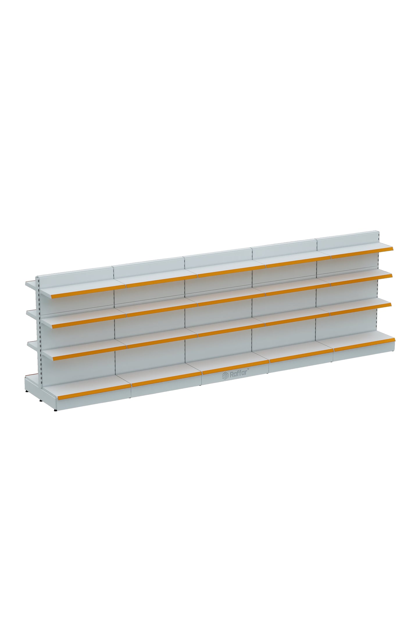 Raft Central Dublu Supermarket cu Bază – 4 Nivele Alb, 5 Unități – L450 × Î140 × A30/40 cm