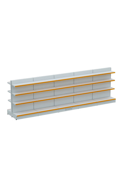 Raft Central Dublu Supermarket cu Bază – 4 Nivele Alb, 5 Unități – L450 × Î140 × A30/40 cm