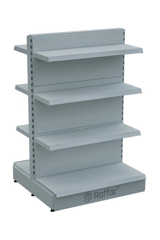 Raft de mijloc cu bază, dublu-orientat, pentru supermarket – 4 niveluri, alb, unitate individuală – L90 × Î140 × A30/40 cm